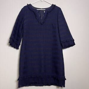 Trina Turk Dress Womens Size 6 Lorossa Navy Cotton Tweed 3/4 Sleeves Lined